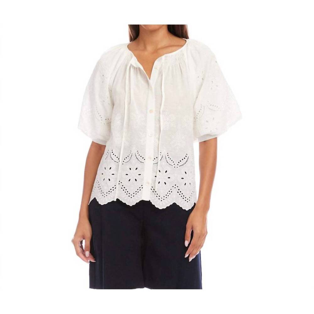 NEW KAREN KANE puff sleeve embroidered top in off white